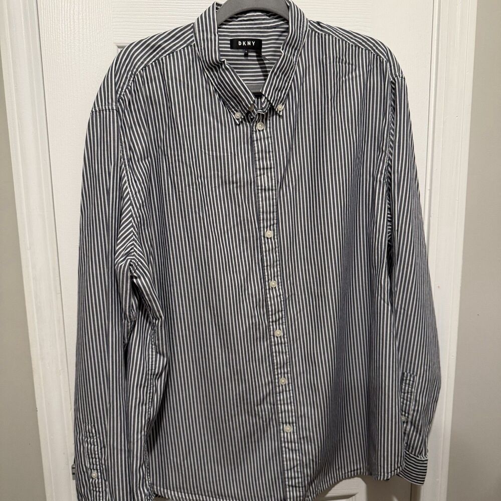 DKNY XL Blue White Striped Button Front Shirt Cotton Lyocell Long Sleeve